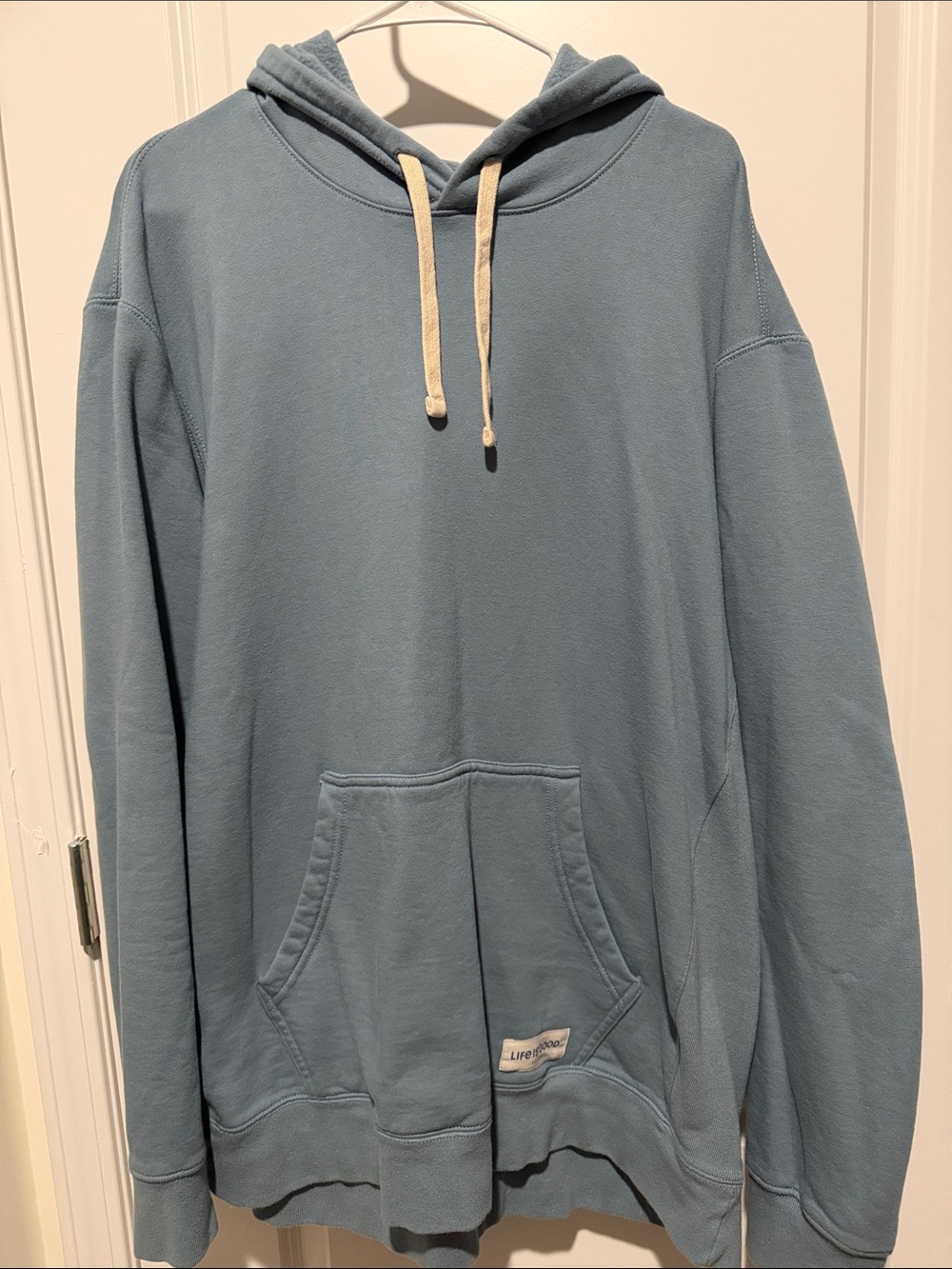 Life Is Good Men's Dusty Blue Hoodie with Cream Drawstrings